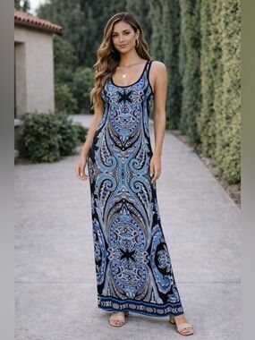 Olivia Matthews Dress Maxi Blue Black Printed Sleeveless Slit